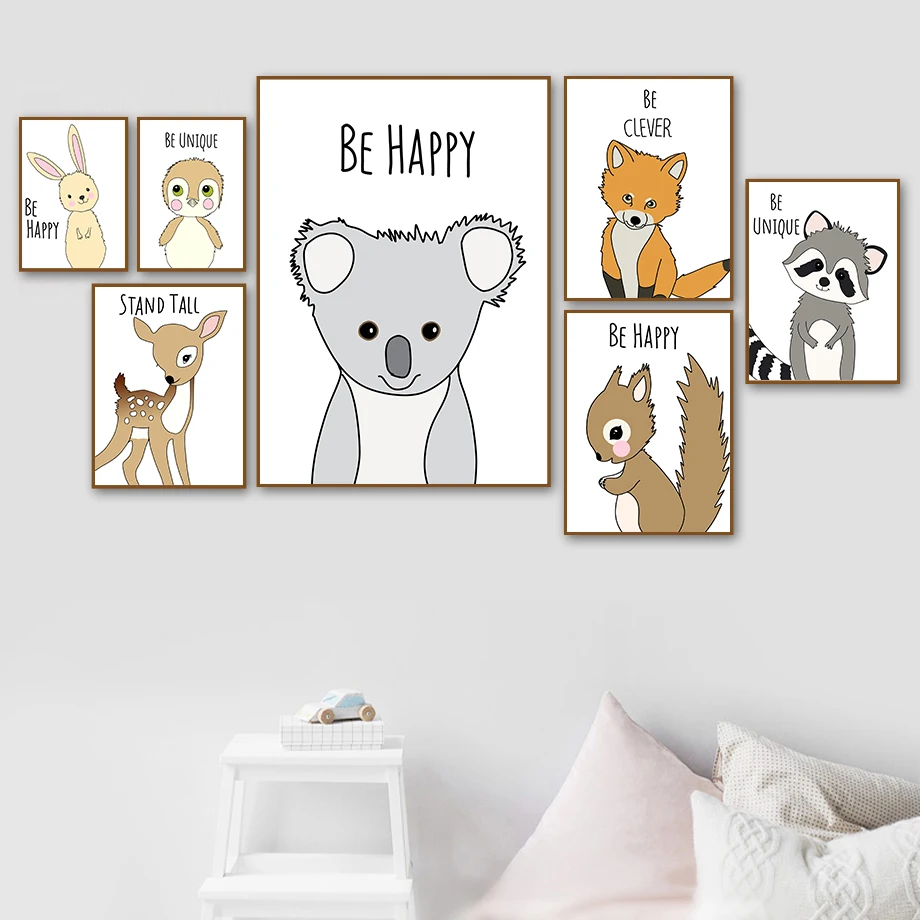 

Cute Fox Squirrel Koala Raccoon Penguin Quotes Wall Art Canvas Painting Nordic Posters And Prints Animal Wall Pictures Kids Room