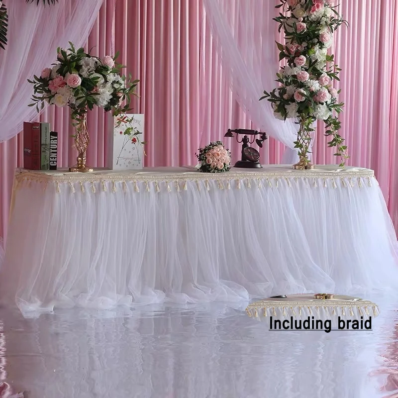 

Тюль юбка для стола для украшения на свадьбу на день рождения Baby Shower вечерние украшения Скатерть два Слои ледяная шелковая ткань с плетеный ...