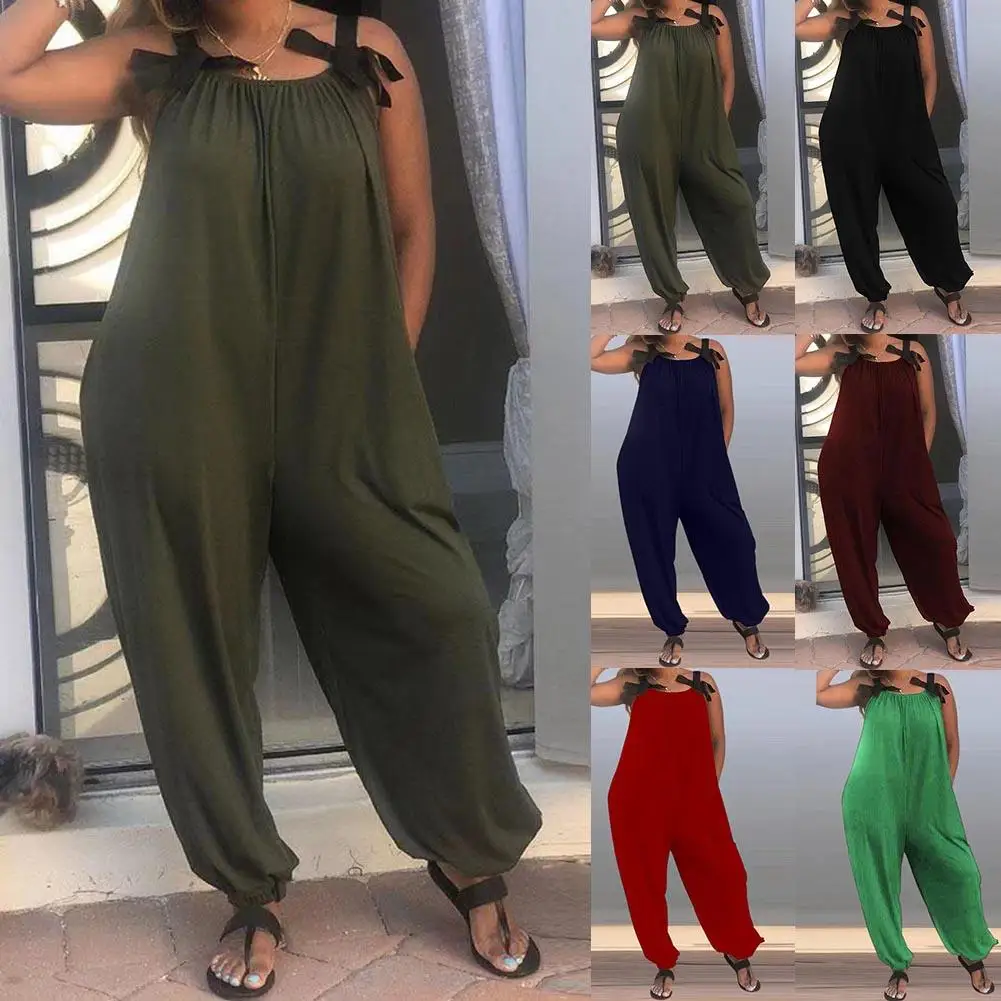 

2020 New Casual Loose Women Solid Color Bow Strap Sleeveless Jumpsuit Long Pants Romper hot Women's Bib Sweet Christmas Gift
