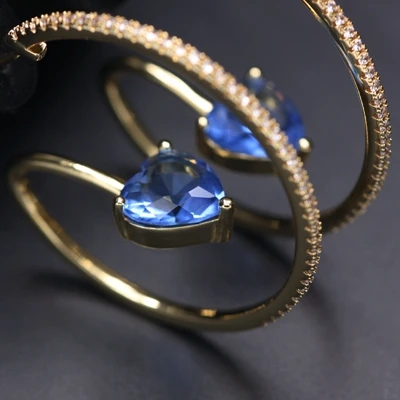 blue Золотой обруч серьги зеленый в форме сердца Кристалл Камень круглые серьги для женщин высокое качество белый кубический цирконий ювелирный подарок - Окраска металла: blue