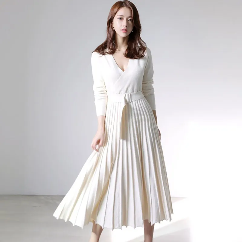 2019 новое осенне зимнее женское трикотажное плиссированное платье с v образным