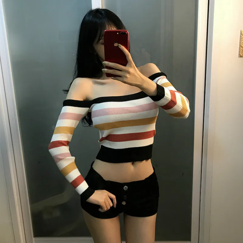 Woherb 2022 осенние пикантные топы с открытыми плечами Женский вязаный свитер