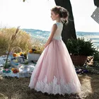 Белое и розовое платье с цветочным принтом для девочек, Кружевная аппликация, без рукавов, детское официальвечерние вечернее платье для маленькой девочки, одежда для первого причастия
