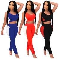 ar5805 european and american 2021 sexy womens fashion stitching pleated sweatpants suit two piece summer casual o neck