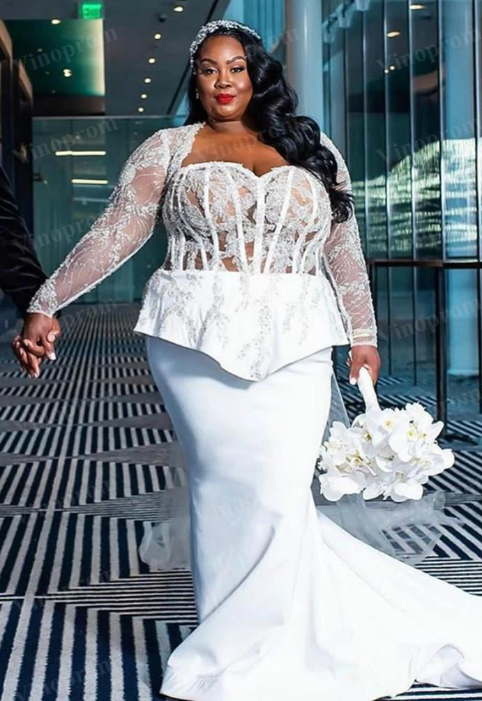 

2021 Plus Size Arabic Lace Beaded Sexy Wedding Dresses Mermaid Long Sleeves Bridal Dresses Cheap Custom Made BrideWedding Gowns