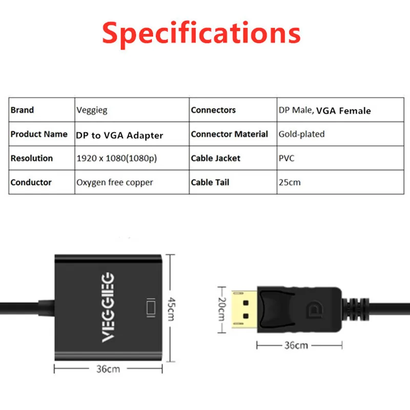 Veggieg 1080P DisplayPort для VGA адаптер DP папа-VGA Женский дисплея конвертер ТВ-проектор Macbook