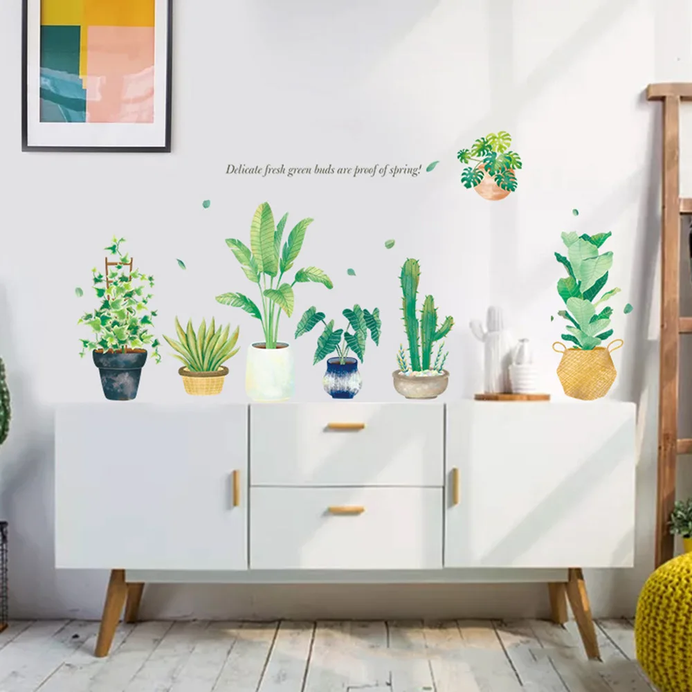 Новый Зеленый Лист бонсай в горшках Цветочные растения Настенные стикеры s
