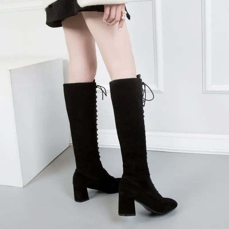 Сапоги женская обувь женские сапоги до колена замшевые с перекрестными