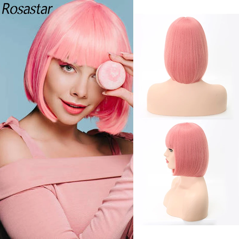 rosastar alta qualidade curto rosa bob perucas com franja alta temperatura resistencia