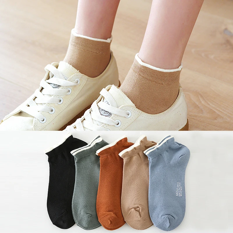 

Spring And Summer New Women Cotton Lace Solid Color Short Heel Boat Socks Sweet Shallow Loose Mouth High Quality 5 Pairs Female