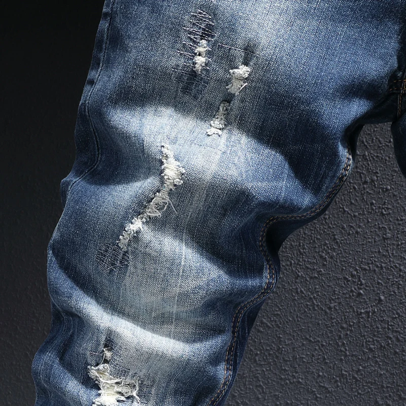 European Vintage Fashion Men Jeans Retro Blue Elastic Slim Fit Ripped Jeans Men Destroyed Distressed Designer Denim Pencil Pants