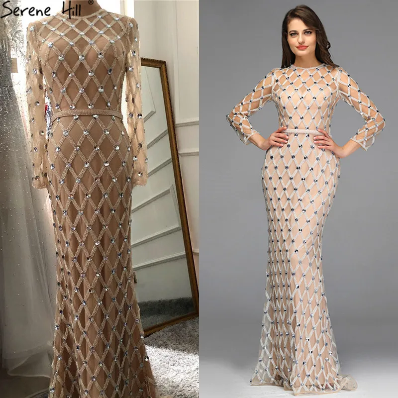 В мусульманском стиле с длинным рукавом телесное Серебряное Вечернее Платье 2021