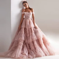 fivsole dusty pink long prom dresses sweetheart crumpled tulle ruffles evening dresses off shoulder tiered a line party dresses