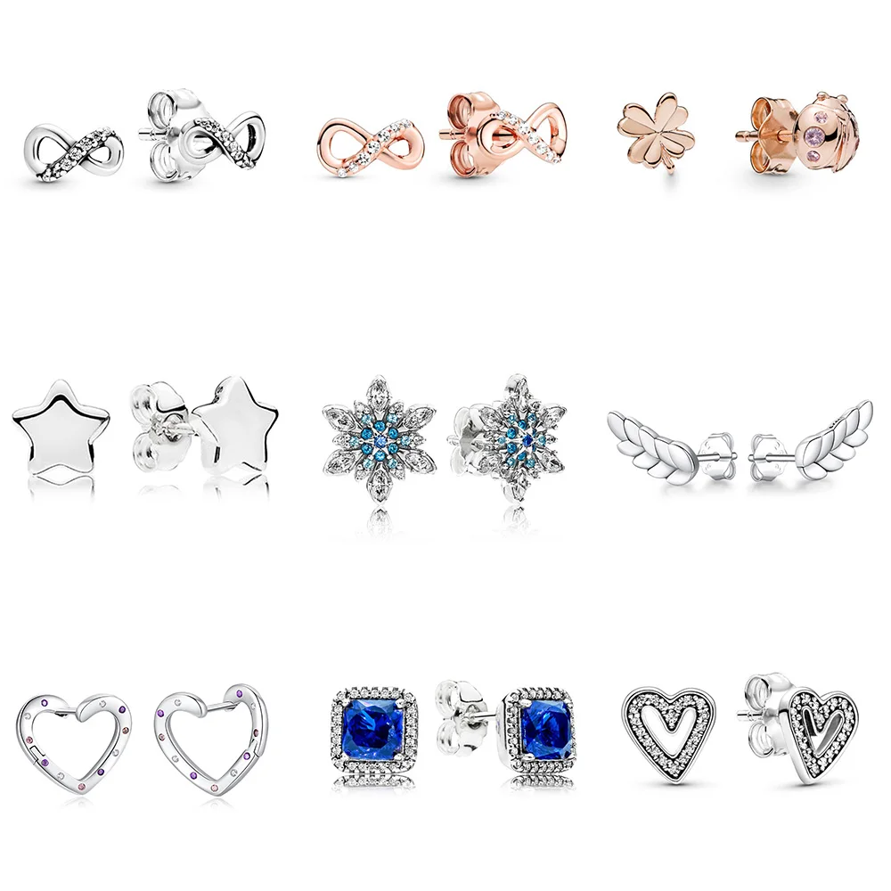 

925 Sterling Silver Earrings Diy Lucky 8 Lovely Heart Square Blue Crystal Cz Earring For Women Party Jewelry Gift