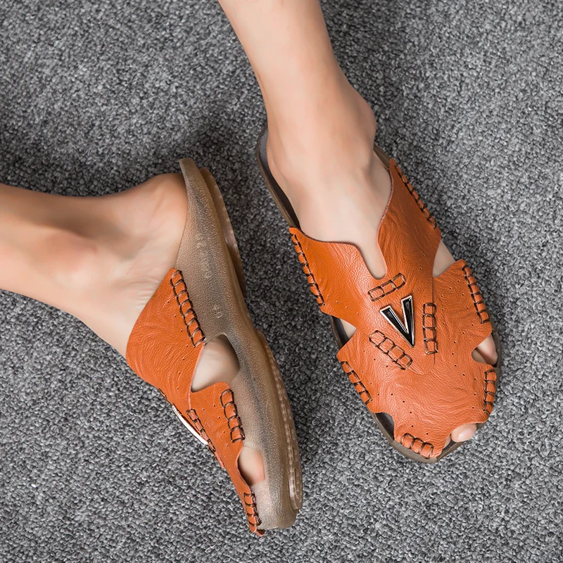 

CYYTL 2020 NEW Summer Leather Sandals Slipper Men Slip on Casual Flip Flops Genuine Leather Sandals Breathable Travel Shoes