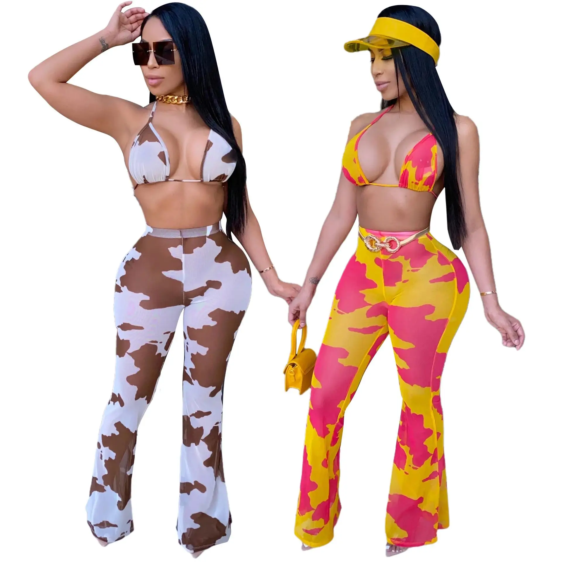 

Two-piece print sexy bandage ladies summer new streetwear fashion tight strapless tie dye sleeveless backless pants