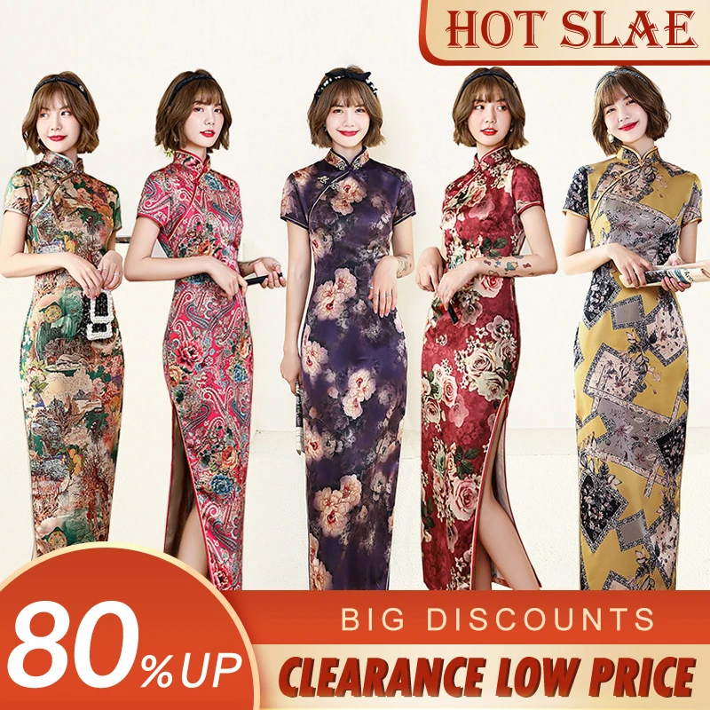 

Elegant Woman Cheongsam Dress Plus Size Slim Vintage Short Sleeve Dress Female Traditional Silk Floral Print Midi Dress Spring