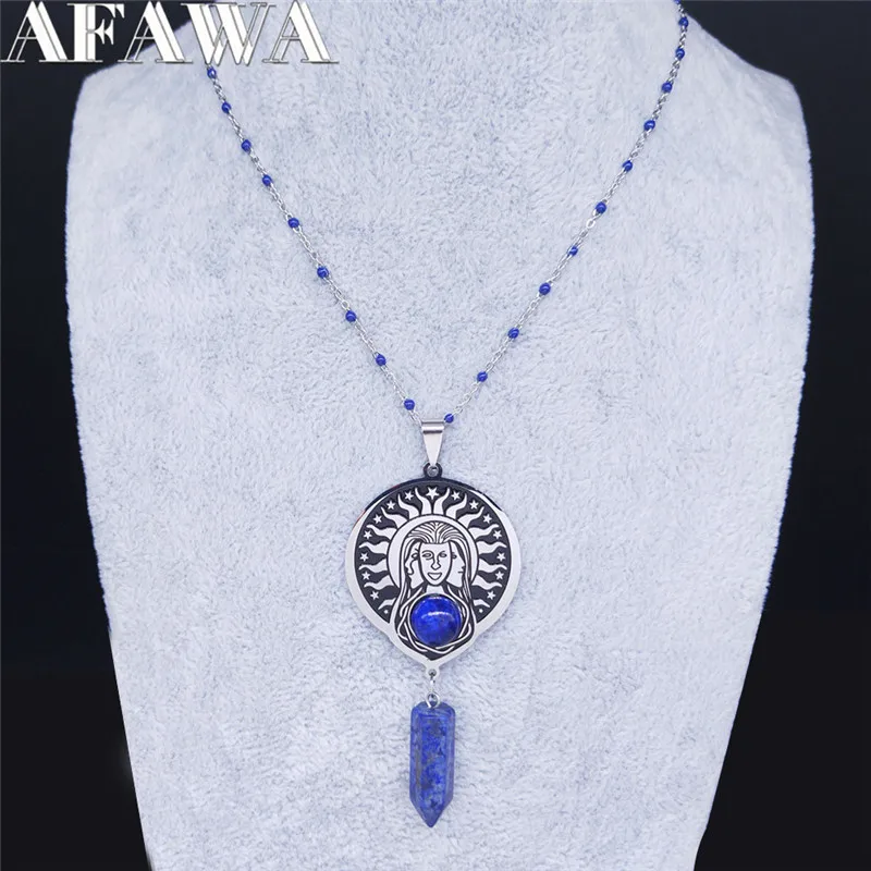 Ожерелье из нержавеющей стали Wicca с голубым шестиугольным камнем кварцевый и