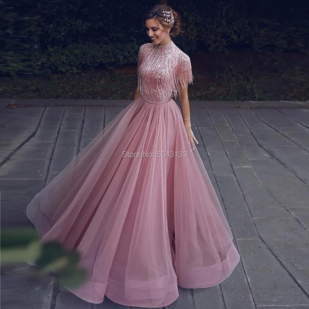 

Luxury Beading Tassel Long Arabic Prom Dresses Formal 2021 Bling Sequin High Neck Tulle Prom Evening Gown For Womens Party Dress