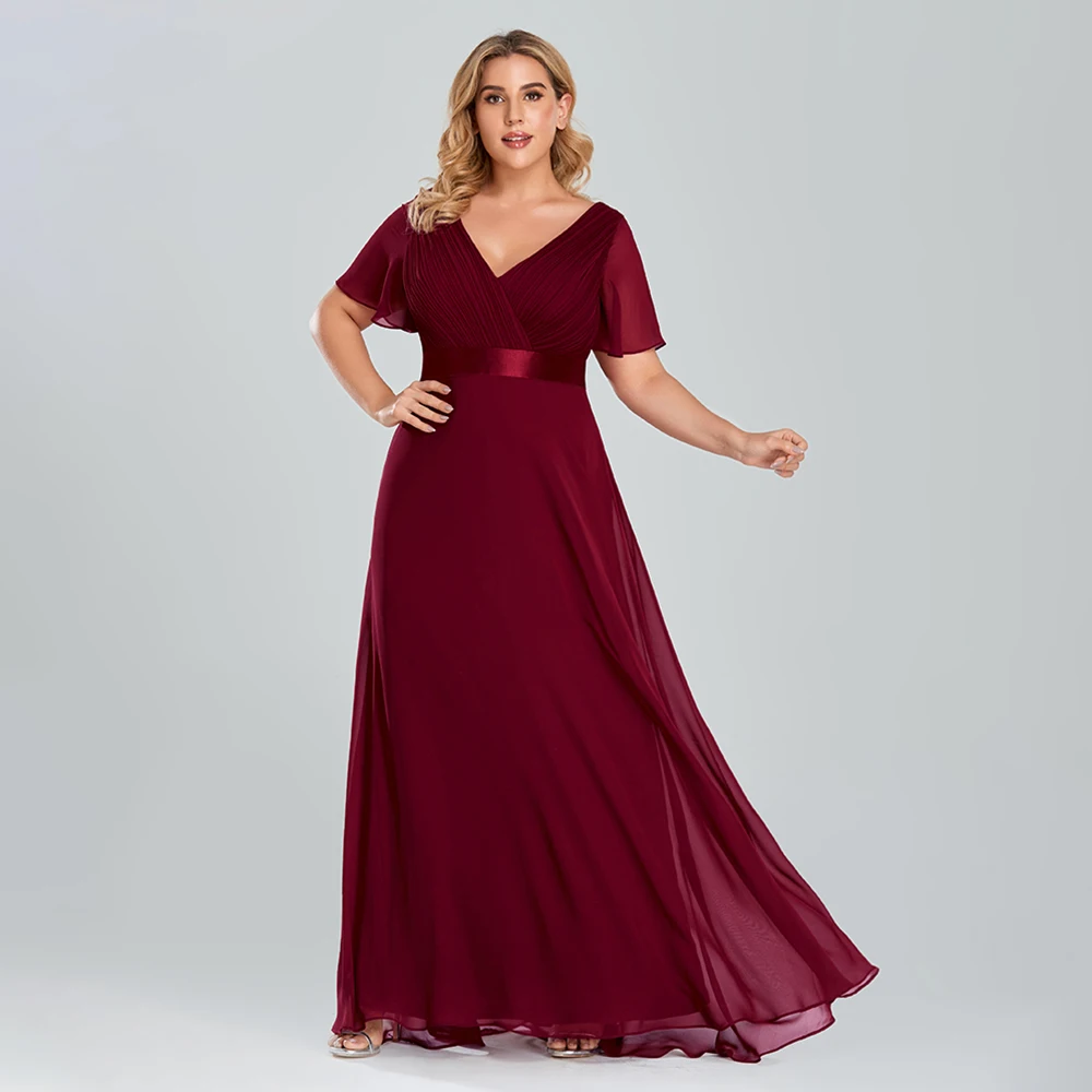 

Plus Size Evening Dresses Long Elegant A Line V Neck Ruffles Chiffon Formal Wedding Party Dress Robe De Soiree 2021