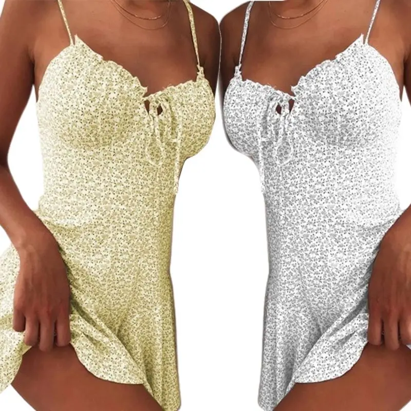 Women Summer Spaghetti Strap Flowy Mini Sling Dress Boho Floral Printed Lace-Up Ruffles Sexy V-Neck Beach Sundress Vestido | Женская