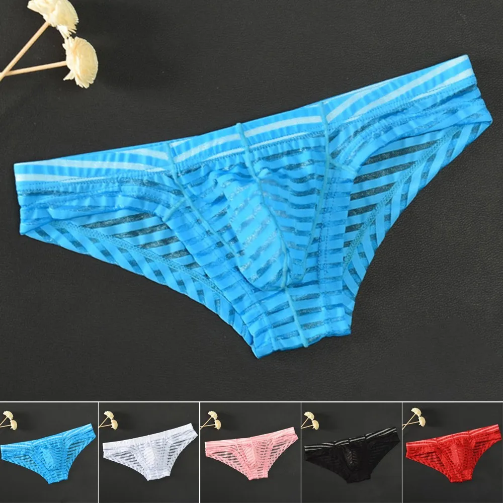 Sissy Panties Striped Mens Convex Pouch Briefs Low-Waisted Underwear Underpants Fashionable Replace Soft Thin Transparent Appeal
