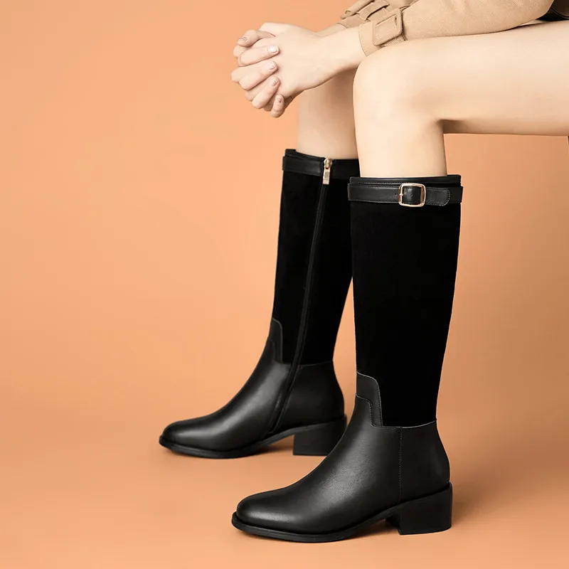 

Asumer Newest Women Riding Boots Genuine Leather + Suede Leather Square Heel Casual Shoes Buckle Zip Knee High Boots Woman