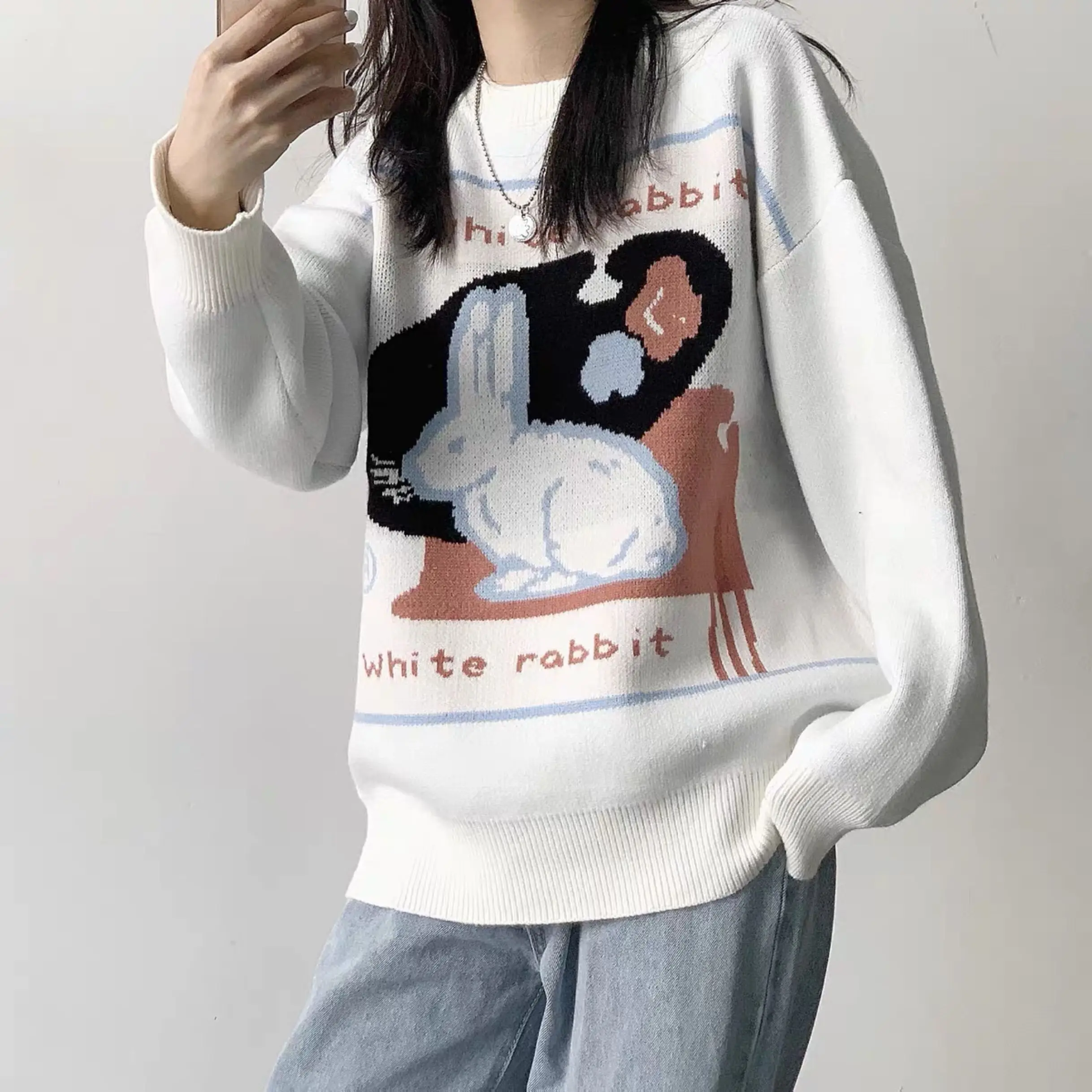 Свитер женский в японском стиле преппи с Белым Кроликом милый Повседневный