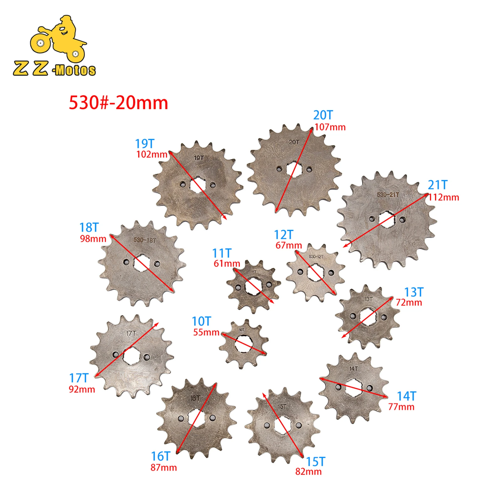 

530# Chain 20mm 10T 11T 12T 13T 14T 15T 16T 17T 18T 19T 20T 21T Front Engine Sprocket For 150 250 ATV Quad Dirt Bike Motorcycle