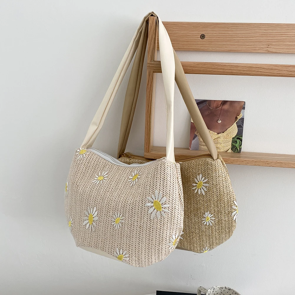

2021 сумки на плечо, повседневные сумочки в стиле ретро, женская летняя плетеная Сумка на плечо с маргаритками, повседневные пляжные сумки для...