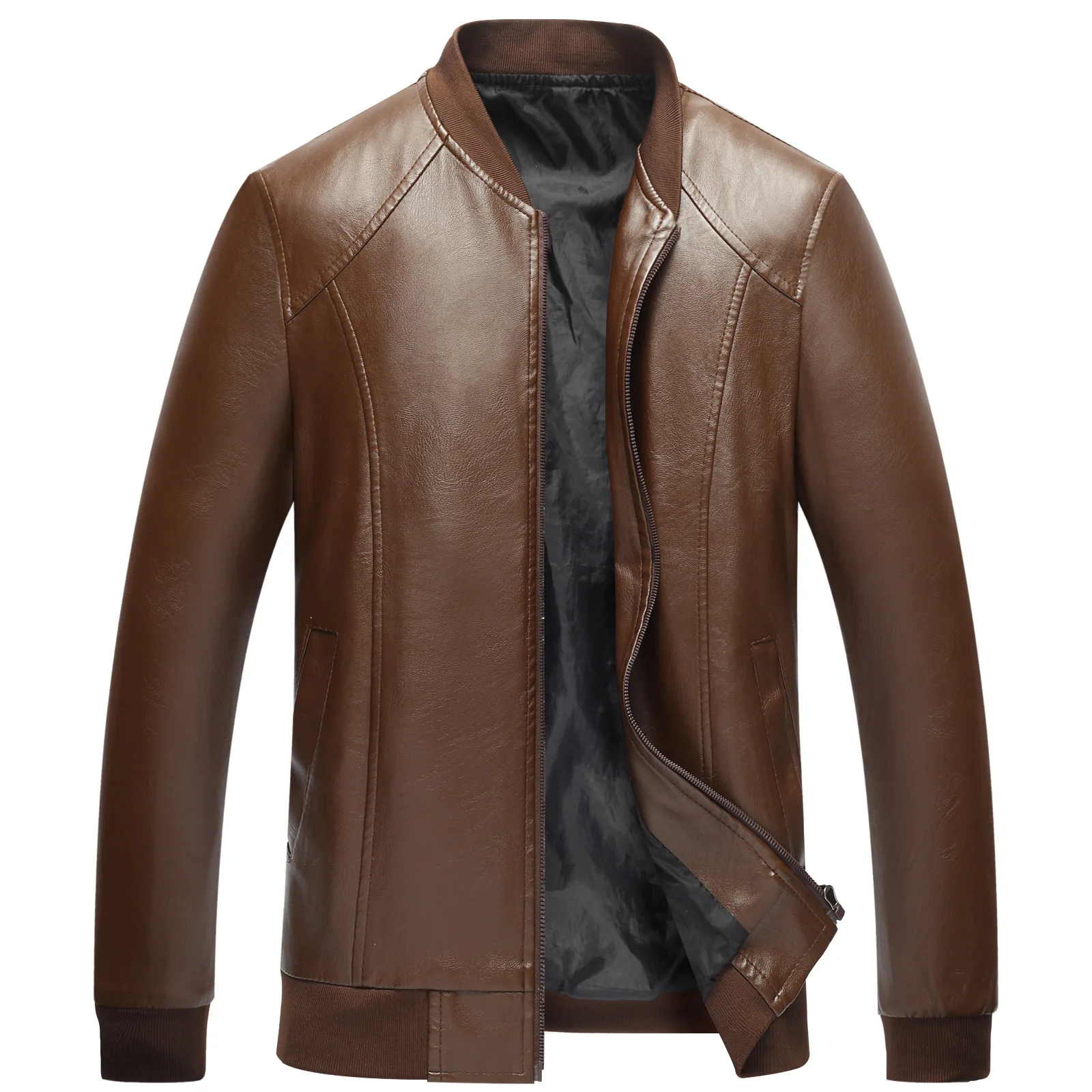 Коричневая ветровка из искусственной кожи мужская куртка с воротником стойкой