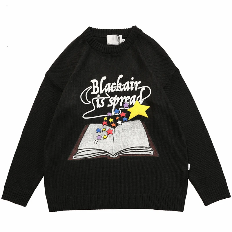 

2021 Men Hip Hop Knitted Sweater Book Stars Letter Print Harajuku Streetwear 2021 Autumn Cotton Casual Pullover Fashion Tops