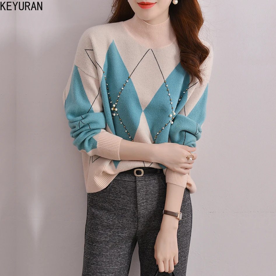 

Свитер с воротником «ромбиками» для женщин, Осень-зима, корейская мода, бриллиантовый клетчатый свободный шерстяной свитер с бисером, ленив...
