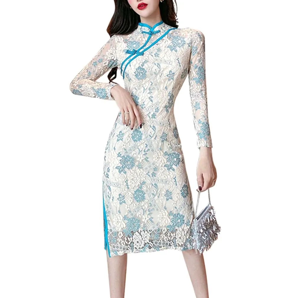 

Vintage Long Sleeve Floral Lace Cheongsam Dress Elegant Mandarin Collar Side Slit Bodycon Midi Dress Women's Fashion Formal Wear