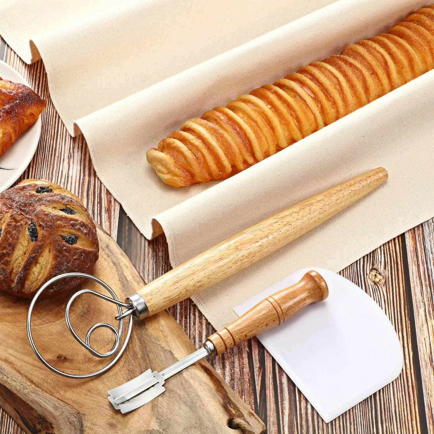 

Bread Making Tools Including Danish Dough Whisk, Dough Scraper, Pastry Proofing Cloth, Bread Lame w/5 Replacement Blades