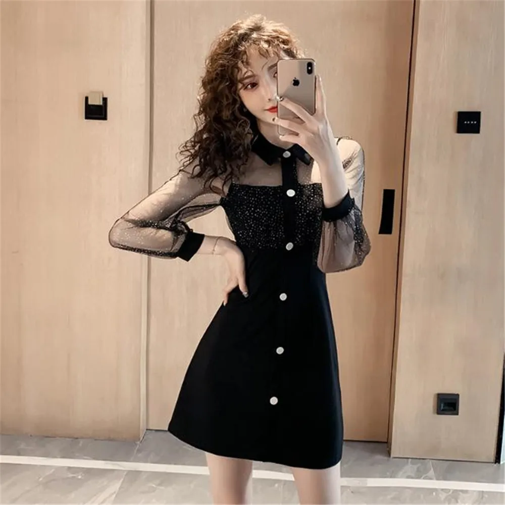 Женское платье летнее весеннее Осеннее Сетчатое кружевное черное Короткое мини