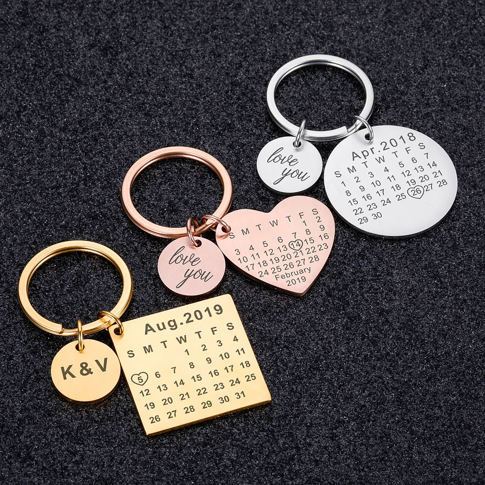 

Personalized Custom Key Chain Ring Engraved Calendar Date Stainless Steel Keyring Wedding Anniversary Gift for Boyfriend Husband