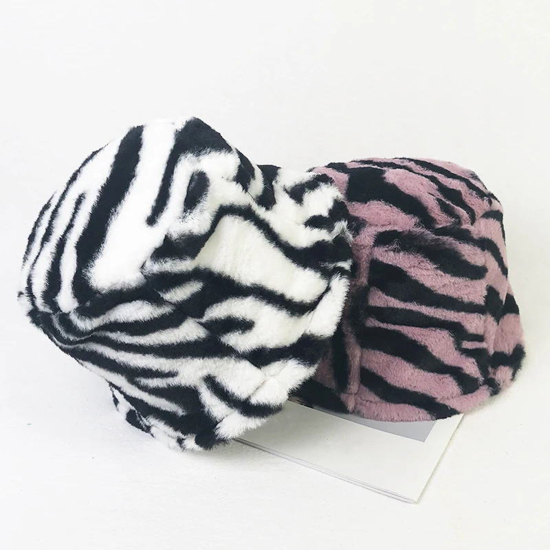 Winter Zebra Print Fur Plush Bucket Hats Women Outdoor Warm Soft Velvet Fisherman Hat Lady Girl INS Vintage Panama New Fashion