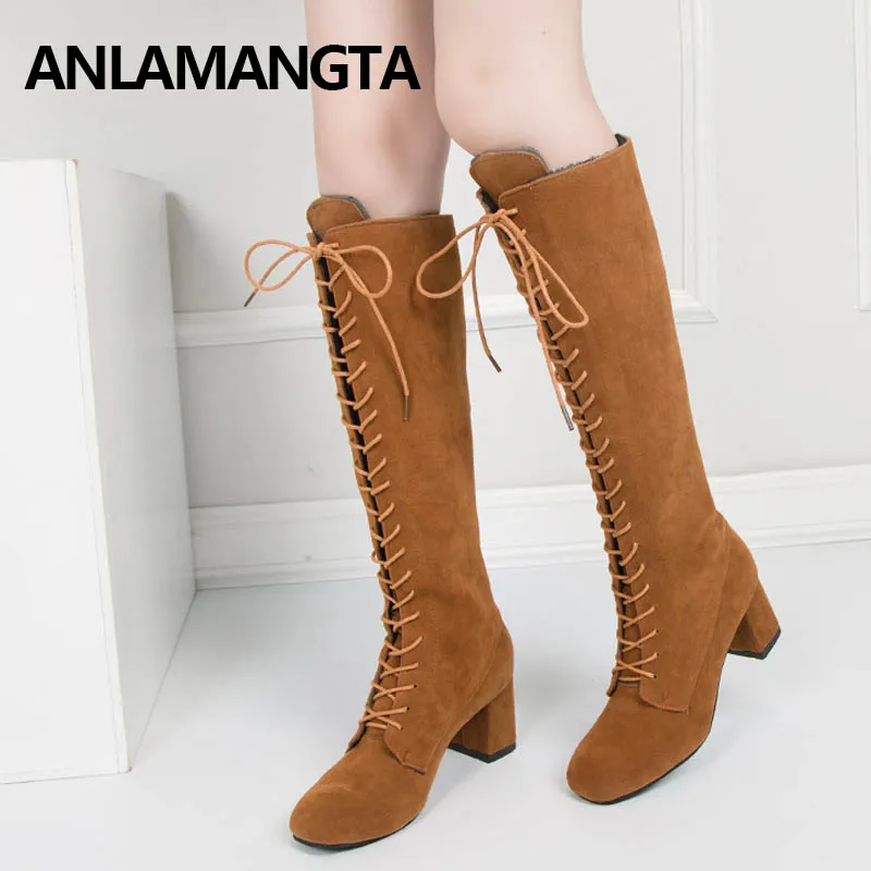 Сапоги женские сапоги до колена на высоком квадратном каблуке шнуровке с круглым