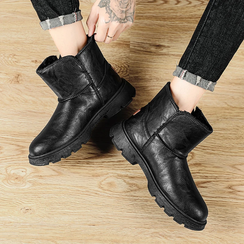 Мужские ботинки из искусственной кожи плюшевая теплая зимняя обувь для мужчин