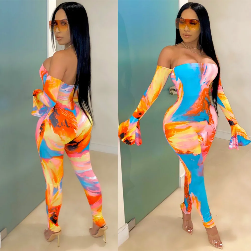 

Colorful Printting Sexy Off The Shoulder Flare Sleeve Women Jumpsuit Autumn New Style Fashion Rompers Bodysuits