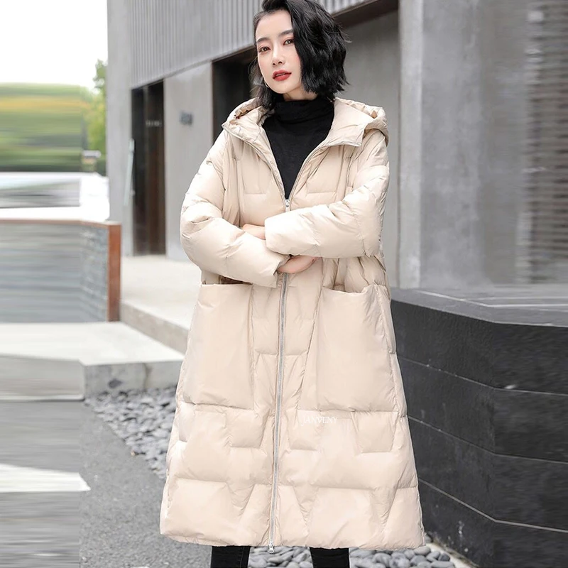 Новинка 2021 зимняя женская Свободная Толстая теплая куртка выше колена на 90% белом