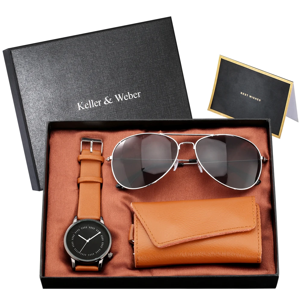 Простые коричневые часы подарочный набор кварцевые белые черные