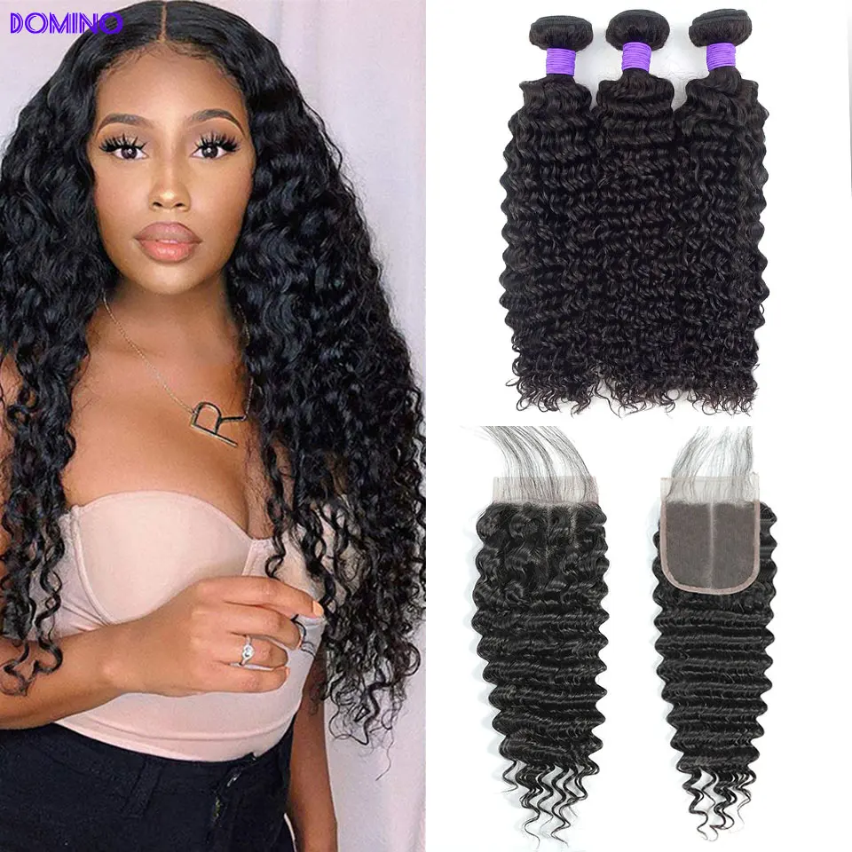 

Deep Wave Bundle with Closure 3 Bundles Brazilian Human Remy Hair With Frontal Human Hair Weft Bundles Lace 4X4 Closure