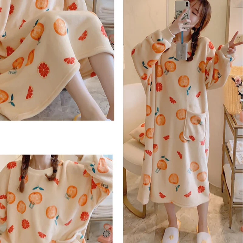 

Women Nightgowns Soft Warm Flannel Plus Velvet Thicker Sweet Homewear Long Sleeve O-neck Print Striped Loose Chic New Mid-calf