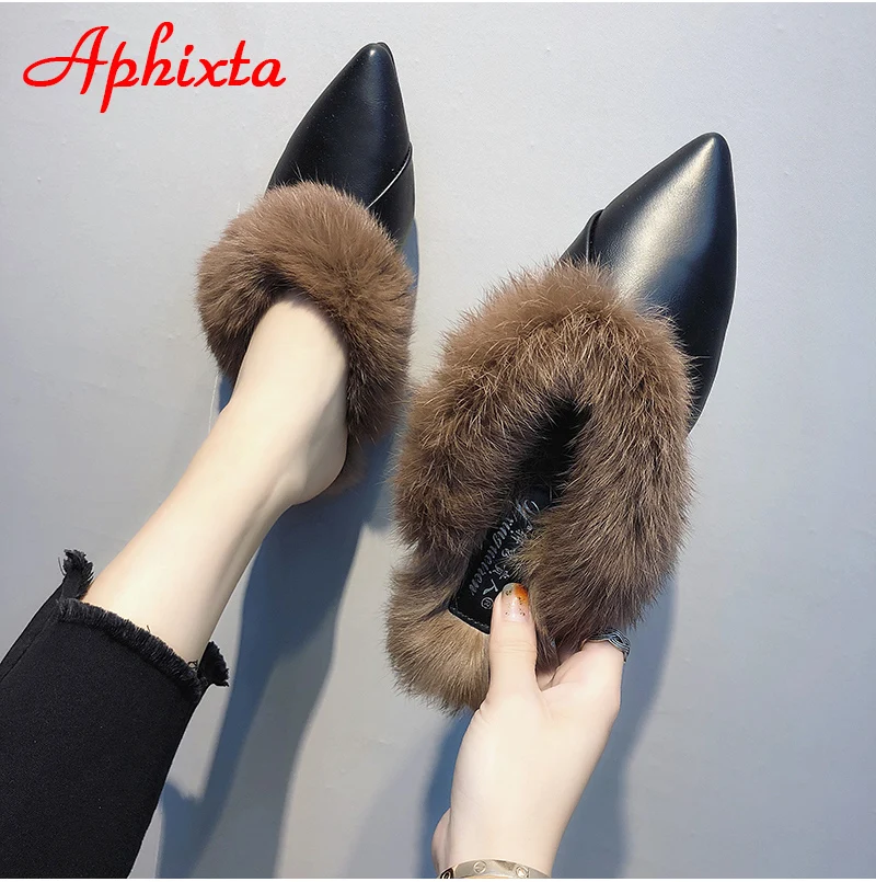 Aphixta/женские шлепанцы с острым носком; Коллекция года; обувь без задника с натуральным животным мехом; обувь с пряжкой; тапочки с натуральным мехом; женская обувь на меху