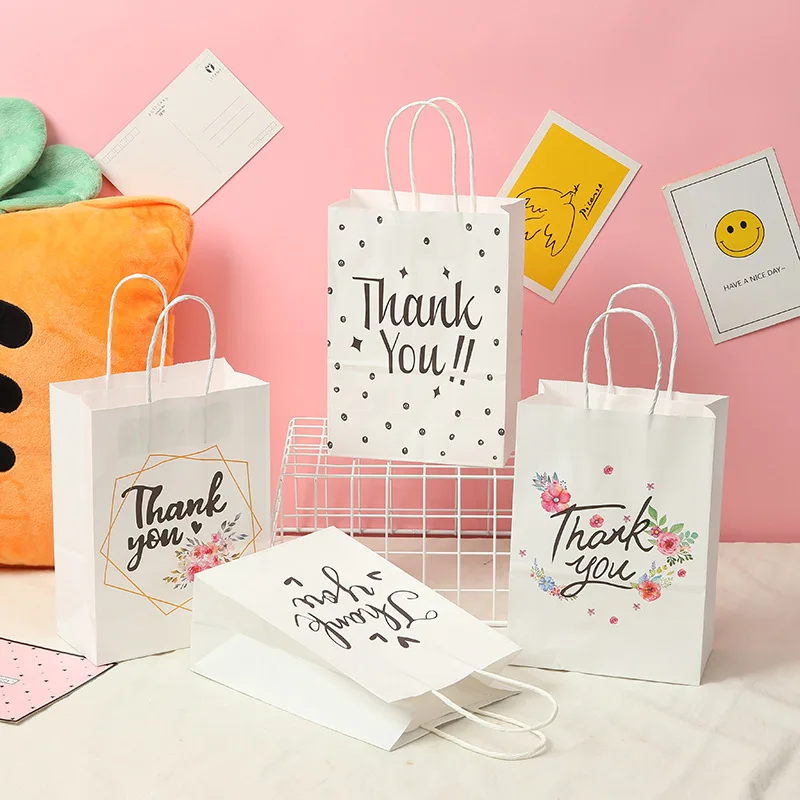 

12pcs White English Words Thank You Fashionable Gift Bag Hand Handle Rope Kraft Paper Bag Party Flower/Heart-shaped/Stars Pouch