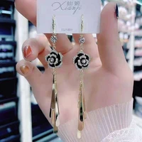 korean temperament rhinestone long camellia dangle earrings fashion gold sequin earrings jewelry for women wholesale