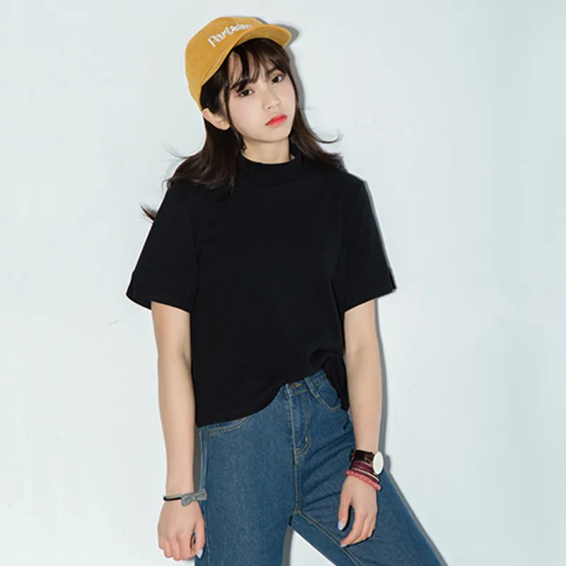 

Leosoxs 2021 Summer Fashion Turtleneck Women's T Shirts Casual Loose Solid Short Sleeve Split Ladies Sweet T Shirt Tops Basic