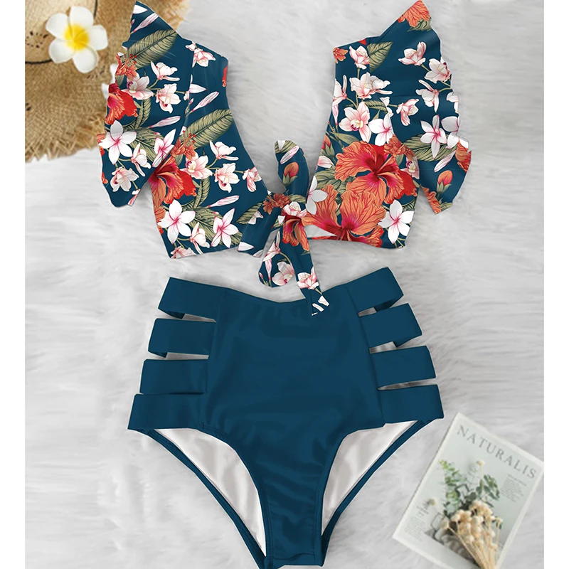 

Floral Ruffled Hem Bikini Set Women Flora V-Neck High-Waisted Two Piece Swimsuit 2021 Girl Beach Bathing Suit Swimwear Biquinis
